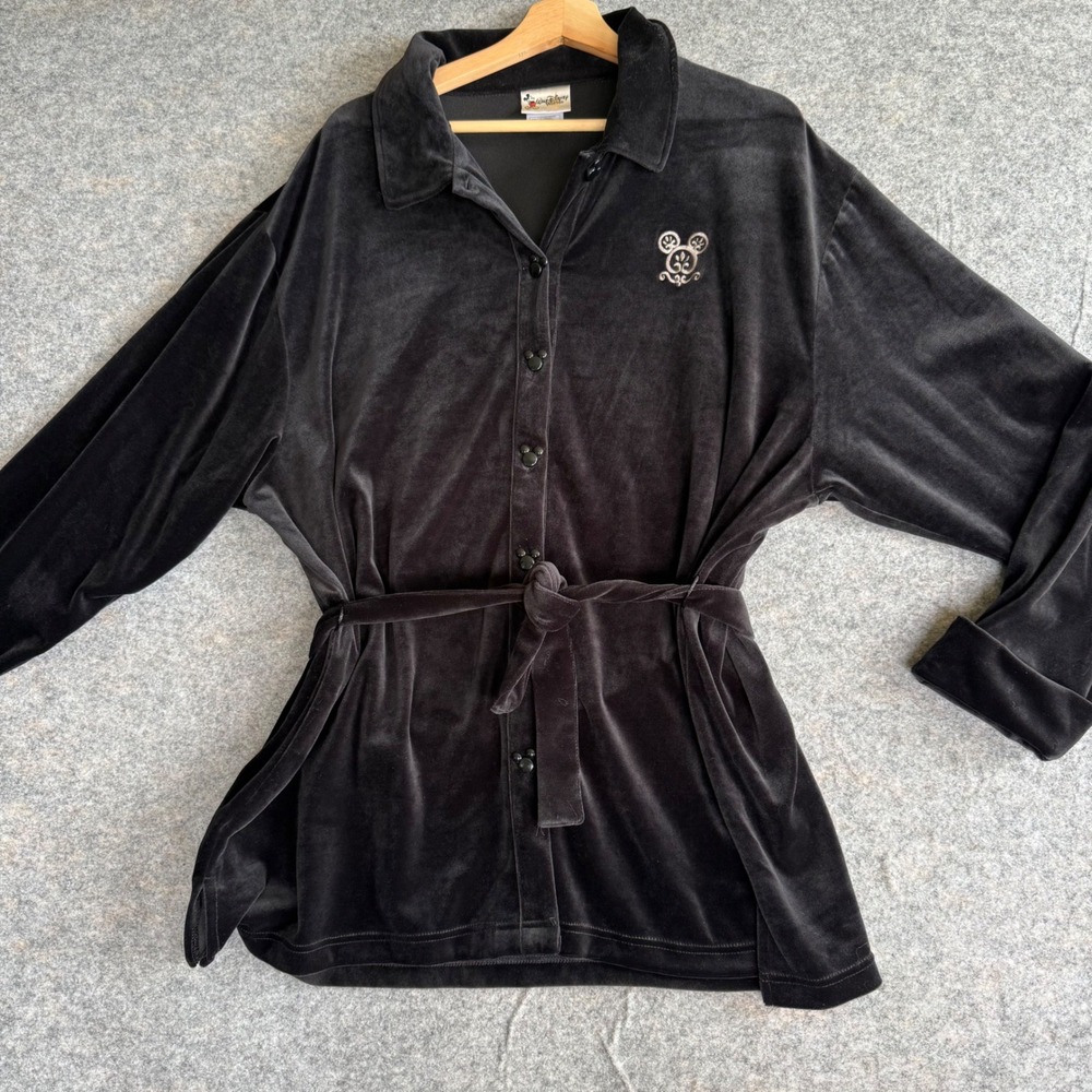 Walt Disney World Black Velour Mickey Mouse Button Down Tunic Jacket XL